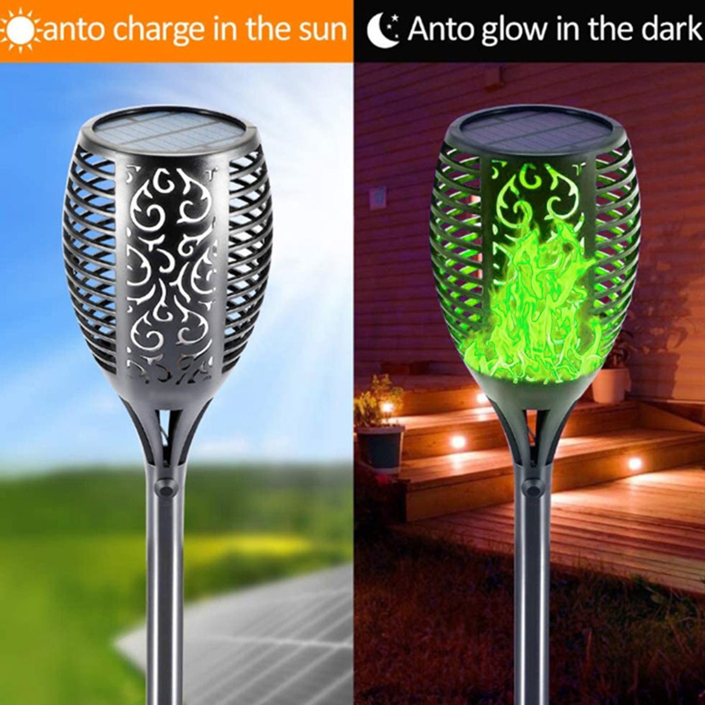 Set of 2 Solar Torch Lights with Flickering Flame Effect