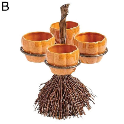 Halloween Broom Pumpkin Snack Bowl Rack